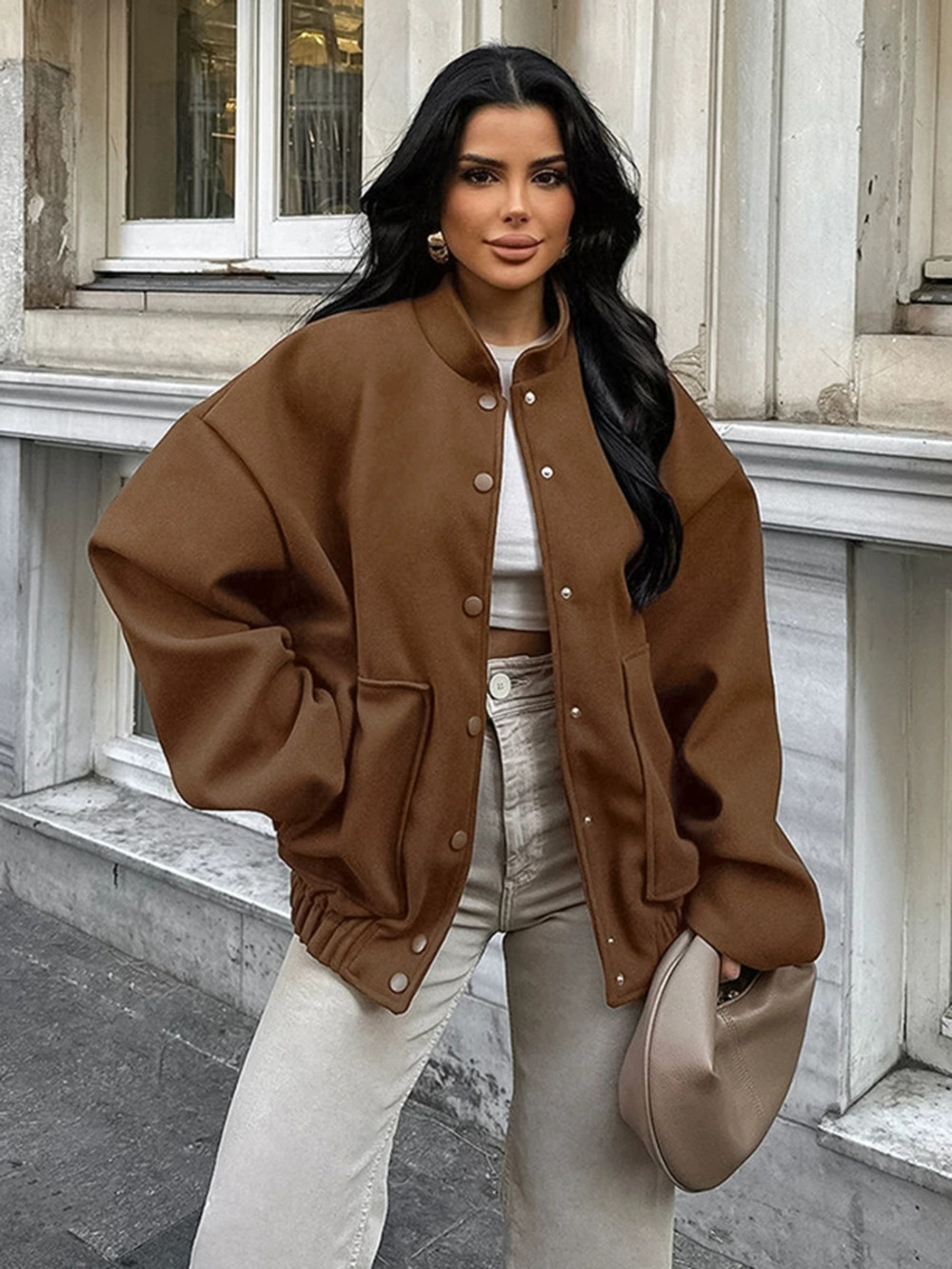 Forever 21 Winter Thick Mid Length Stand Collar Wool Coat Maillard Brown